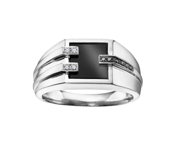BAGUE POUR HOMME EN OR BLANC SERTIE D'ONYX ET DE DIAMANTS BLANCS ET NOIRS BAGUE POUR HOMME EN OR BLANC SERTIE D'ONYX ET DE DIAMANTS BLANCS ET NOIRS